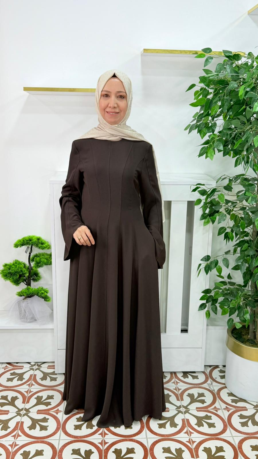 NAQIŞHE MEVLANA KOL ELBİSE -BORDO - KAHVERENGİ RENK