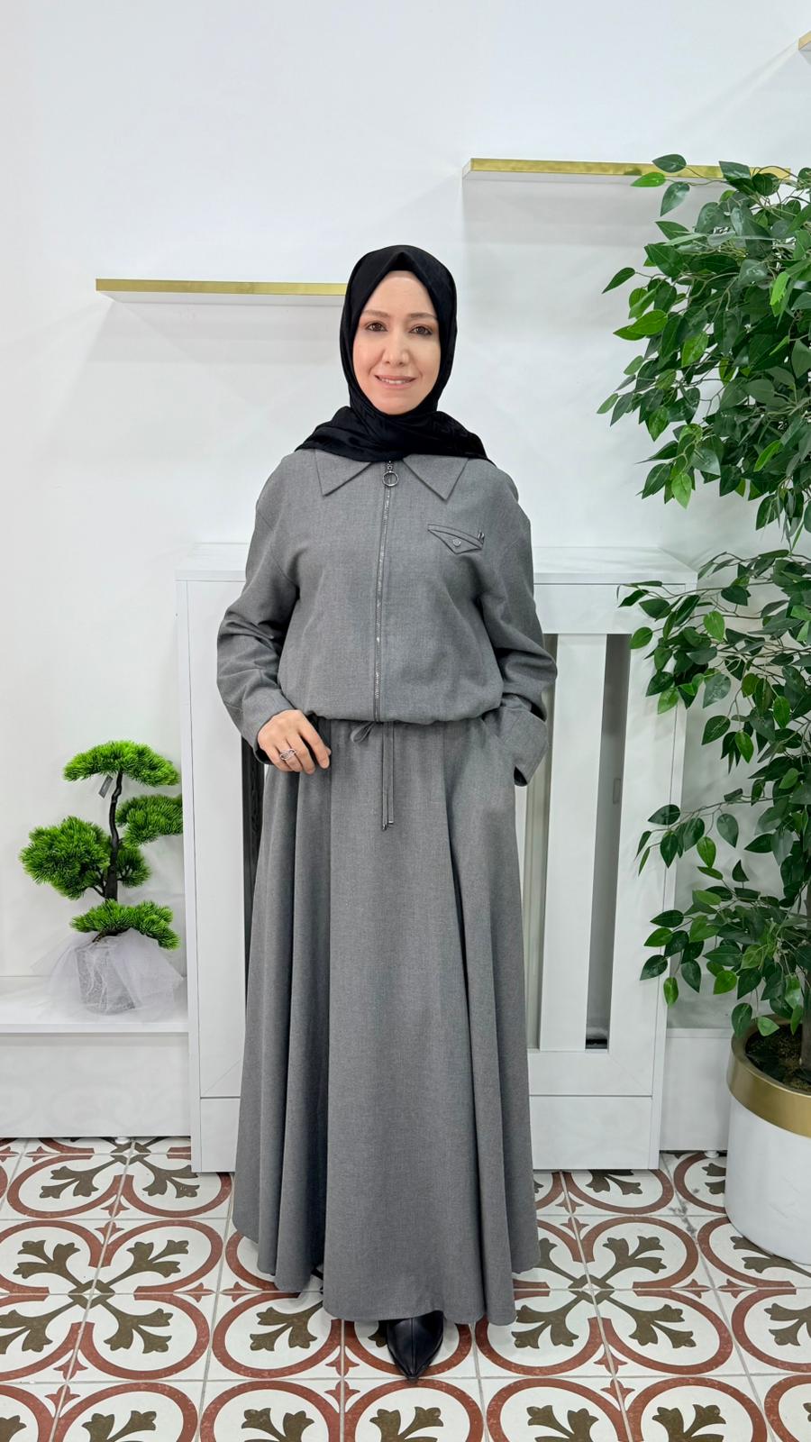 NAQISHE CEKET FERMUARLI ETEK TAKIM  GRİ RENK