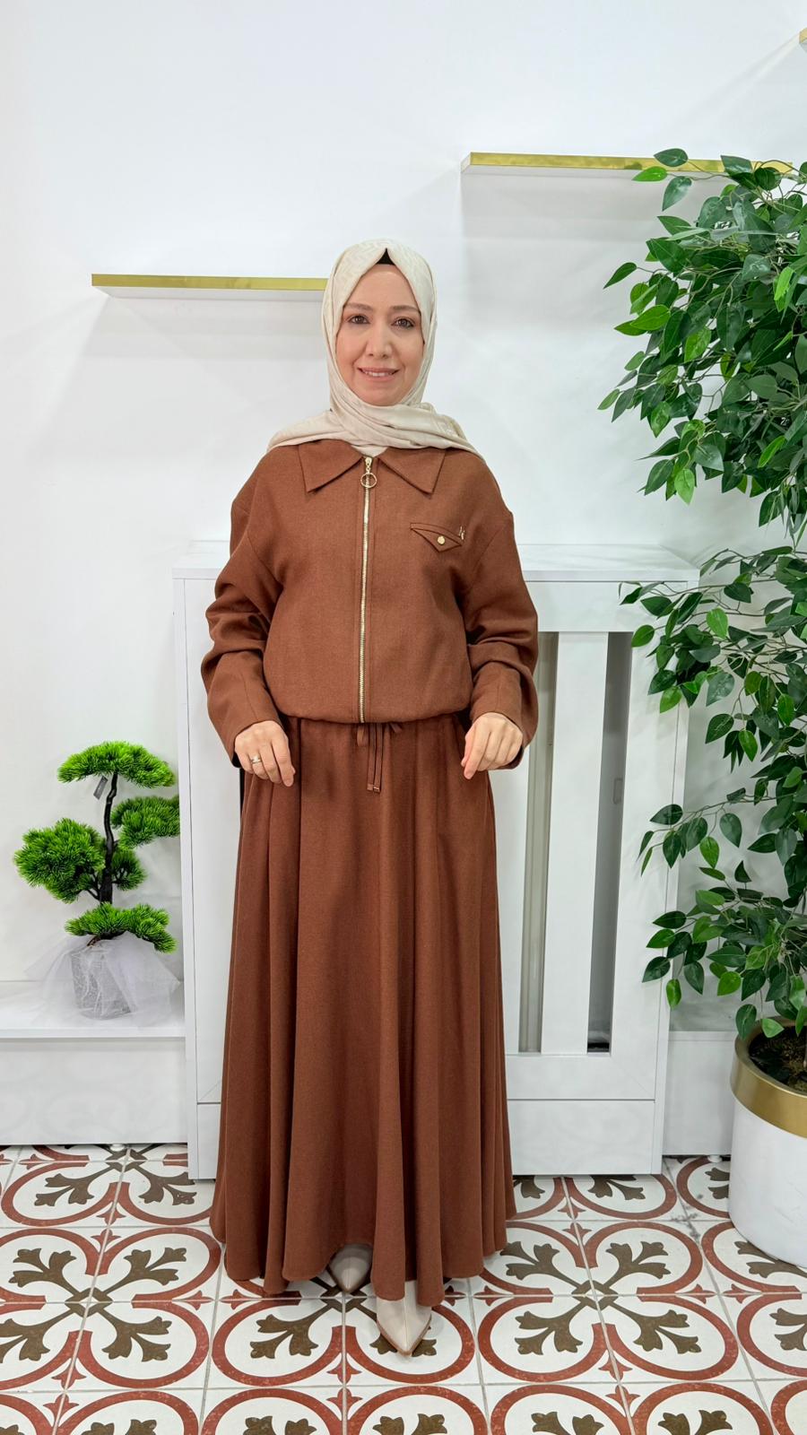 NAQISHE CEKET FERMUARLI ETEK TAKIM  KAHVERENGİ RENK