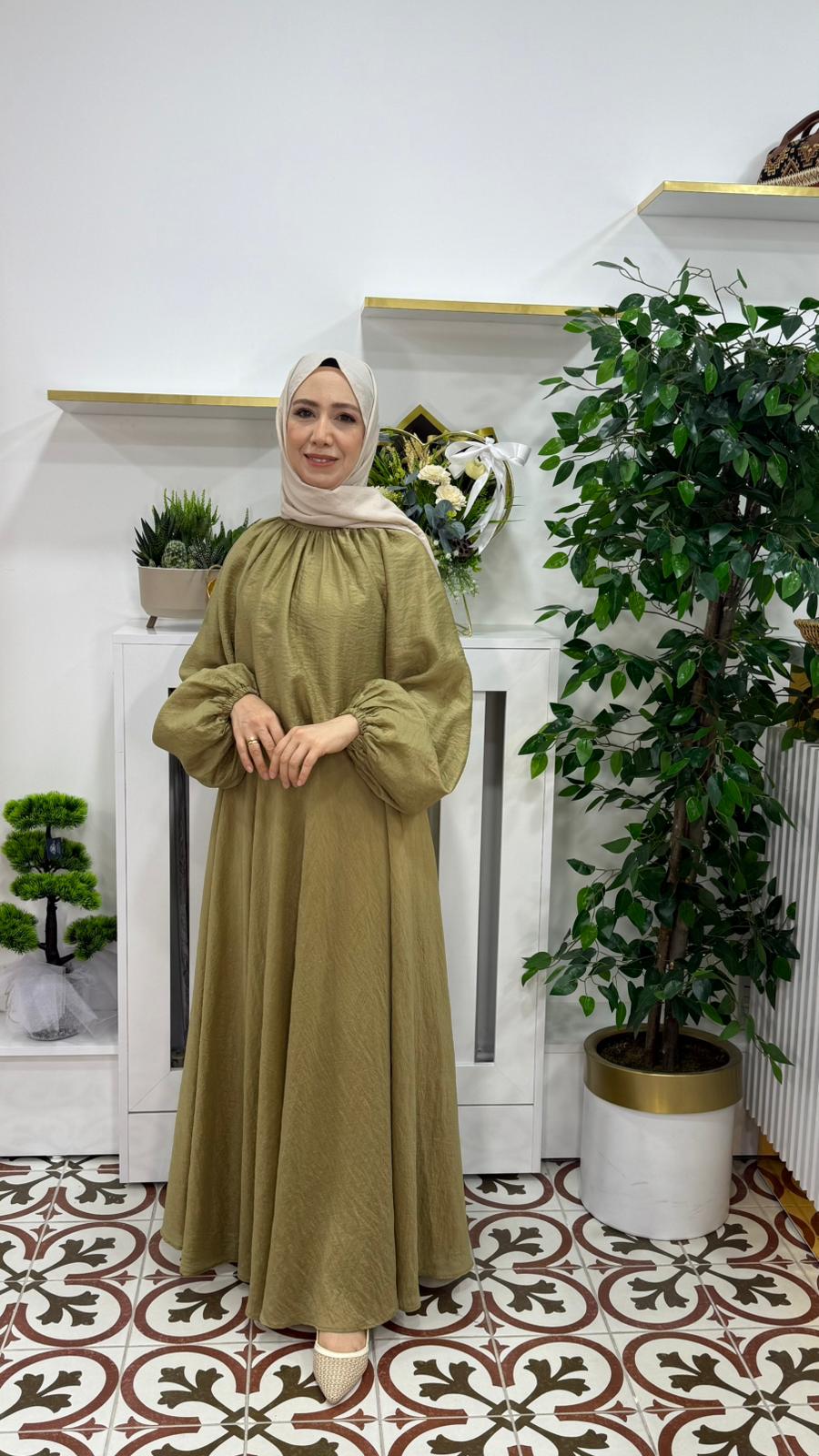 İşlemeli Uzun Rahat Kumaş Tunik - Yeşil